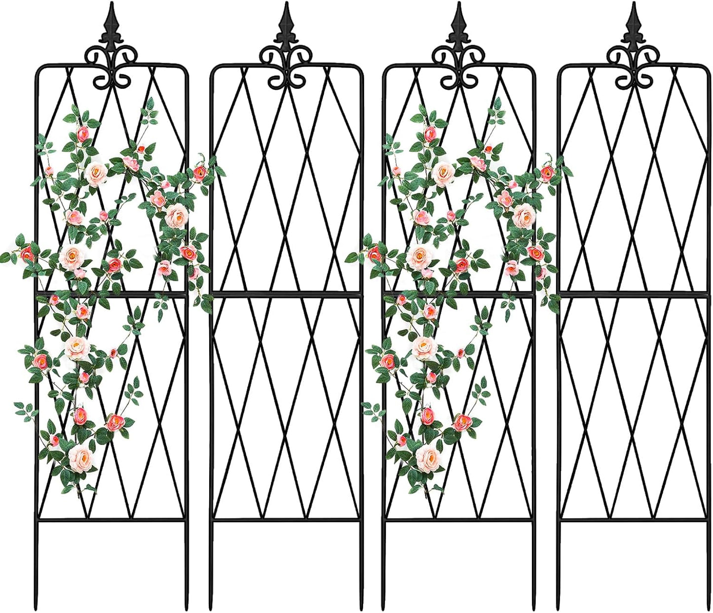 Garden Trellis for Climbing Plants Outdoor, Metal Garden Trellises, Decorative Garden Fencing Flower Trellis with Durable Powder Coating for Vines Plant Rose, Vegetable Support, Black (4, Pattern-A)