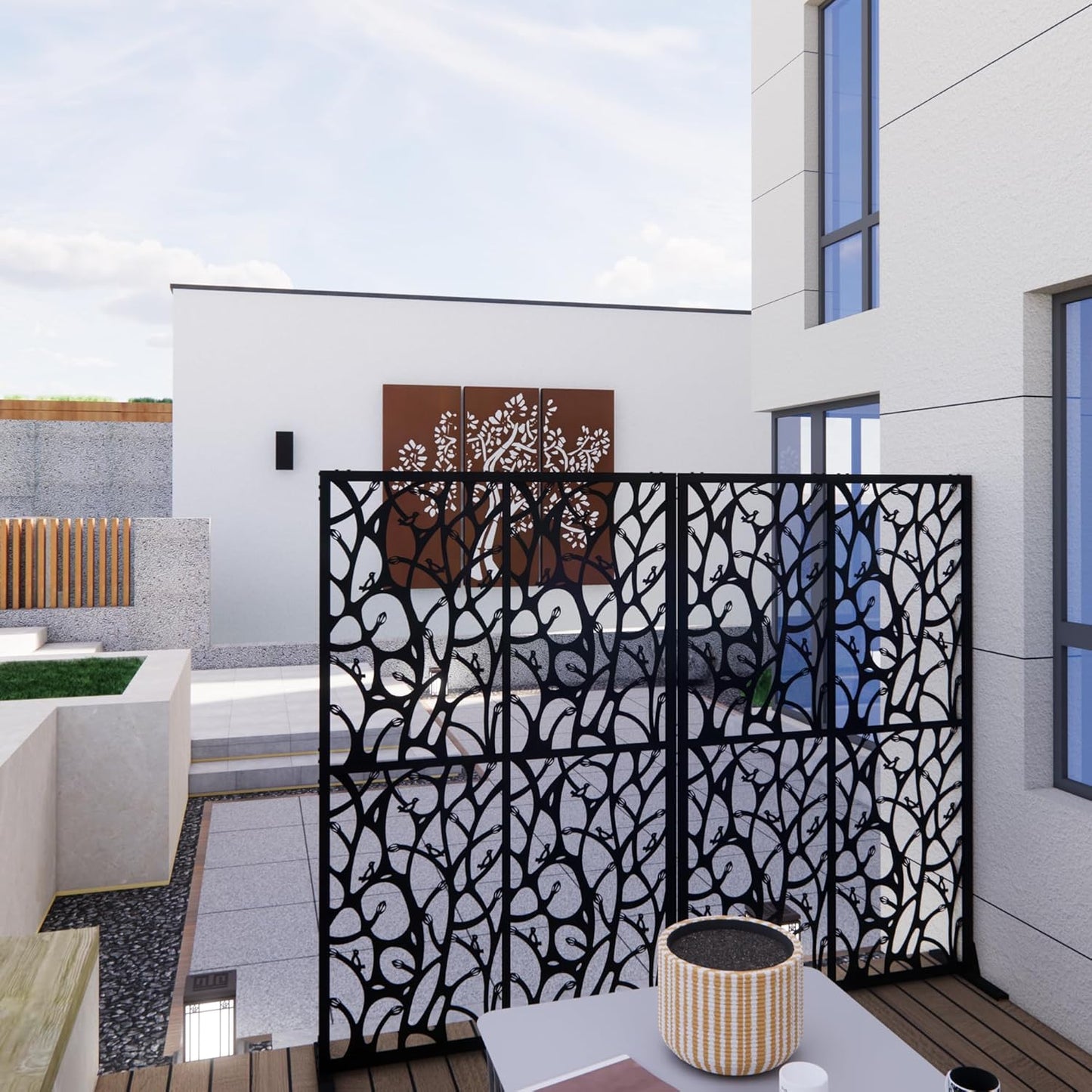 Metal Privacy Screens 72" H Outdoor Privacy Screens Panels Outdoor and Indoor Bird Pattern Divider with Freestanding Decorative for Balcony Patio Garden Room Divider, Black