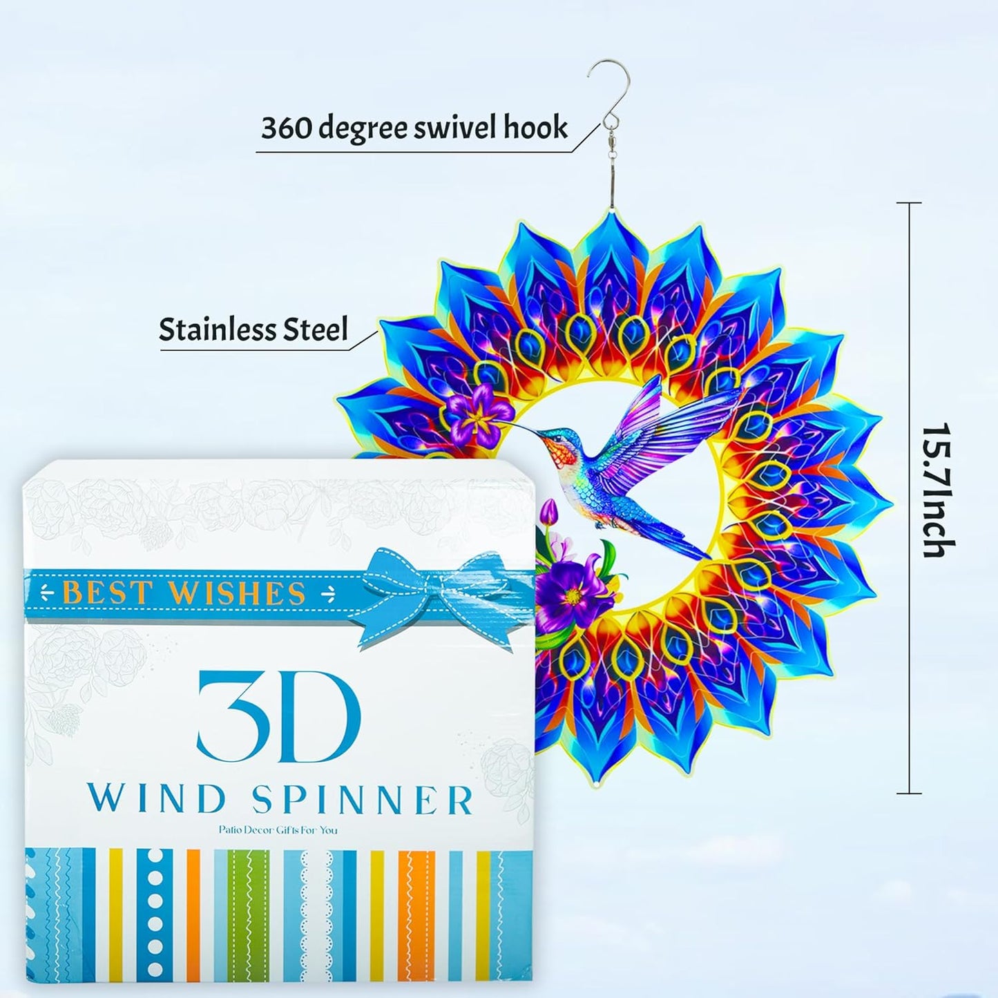 Hummingbird Wind Spinner,Hanging Wind Spinners Outdoor for Garden Decoration，15.7 inch 3D Stainless Steel Wind Sculpture for Indoor/Outdoor Decor