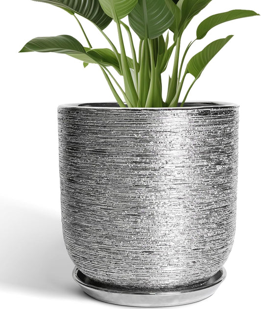 12 Inch Plant Pot - Ceramic Planter for Indoor Outdoor Plants, Modern Round Decorative Flower Pot with Drainage Hole and Saucer, Housewarming Gifts, Home Patio Decor, Silver