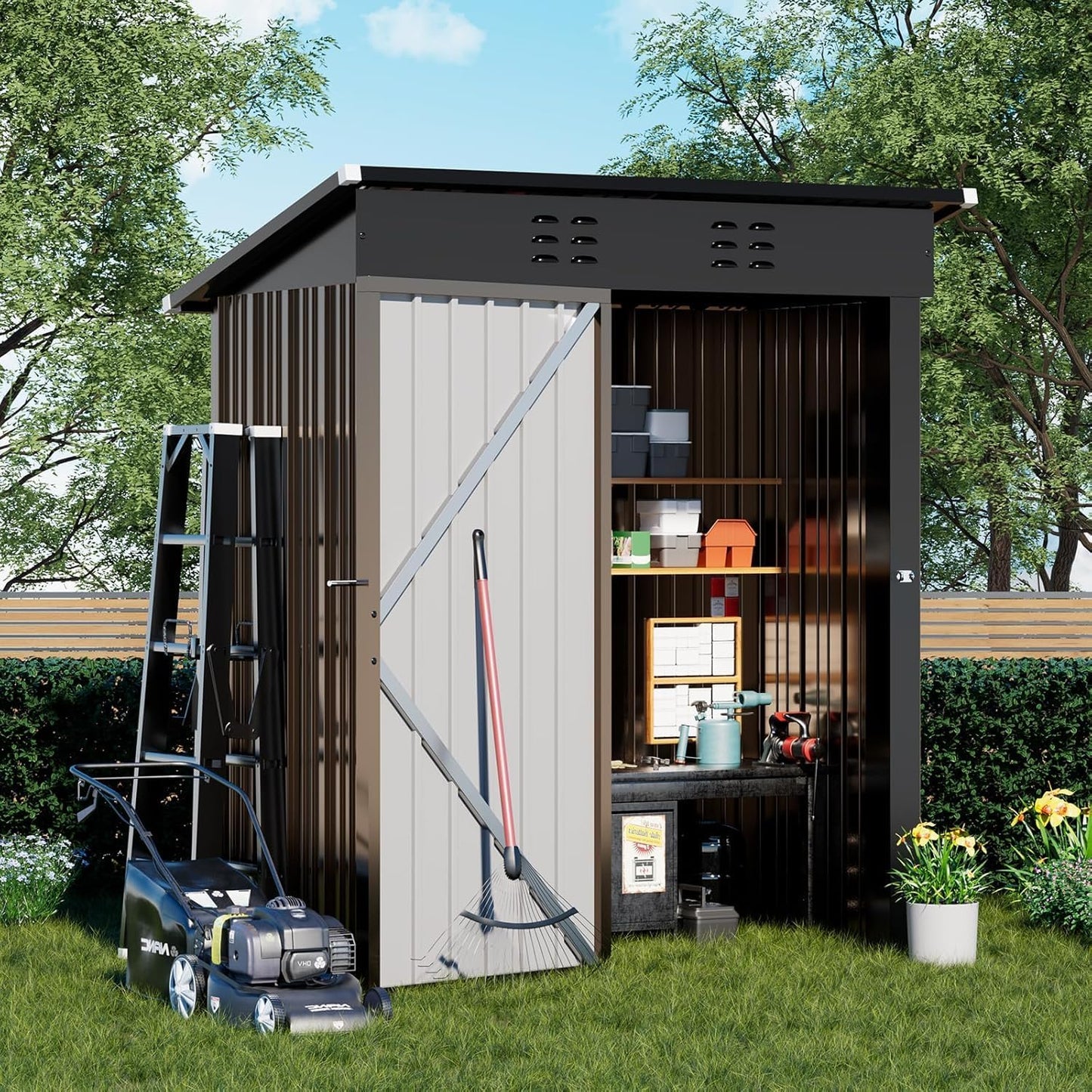 COMHOMA Shed Outdoor Storage Shed Metal,Lockable Doors Tool Sheds with Sloping Roof,Steel Garden Shed with Air Vent for Backyard,Patio,Lawn,Poolside (Brown, 5'*3')