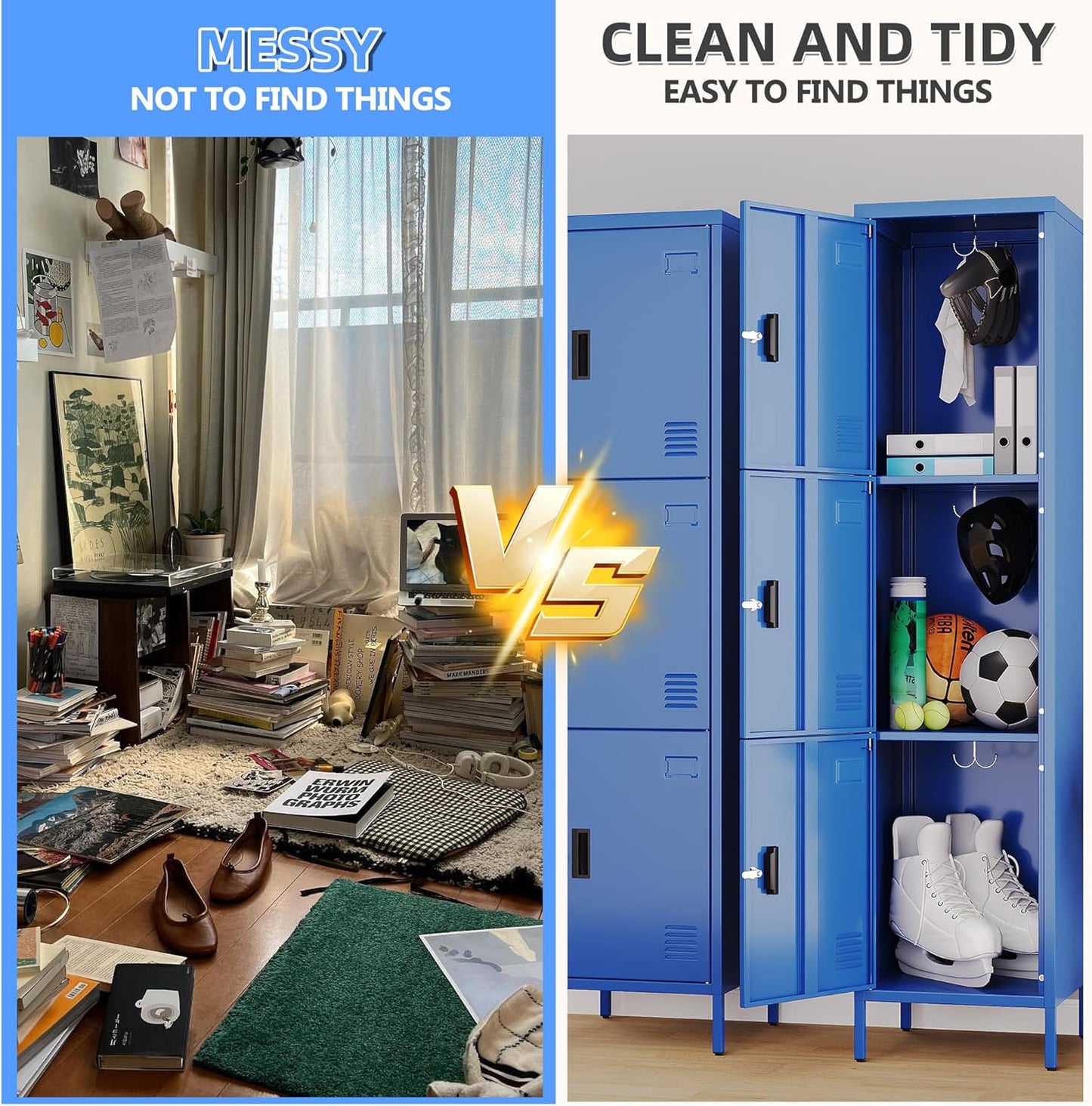 Metal Locker with Hooks and Ventilation Holes,Metal Storage Locker with Keys and Business Card Slot for Home,Gym,Garage,School,Office,66" H×15.75" W× 15.75" D,Assembly Required,Blue