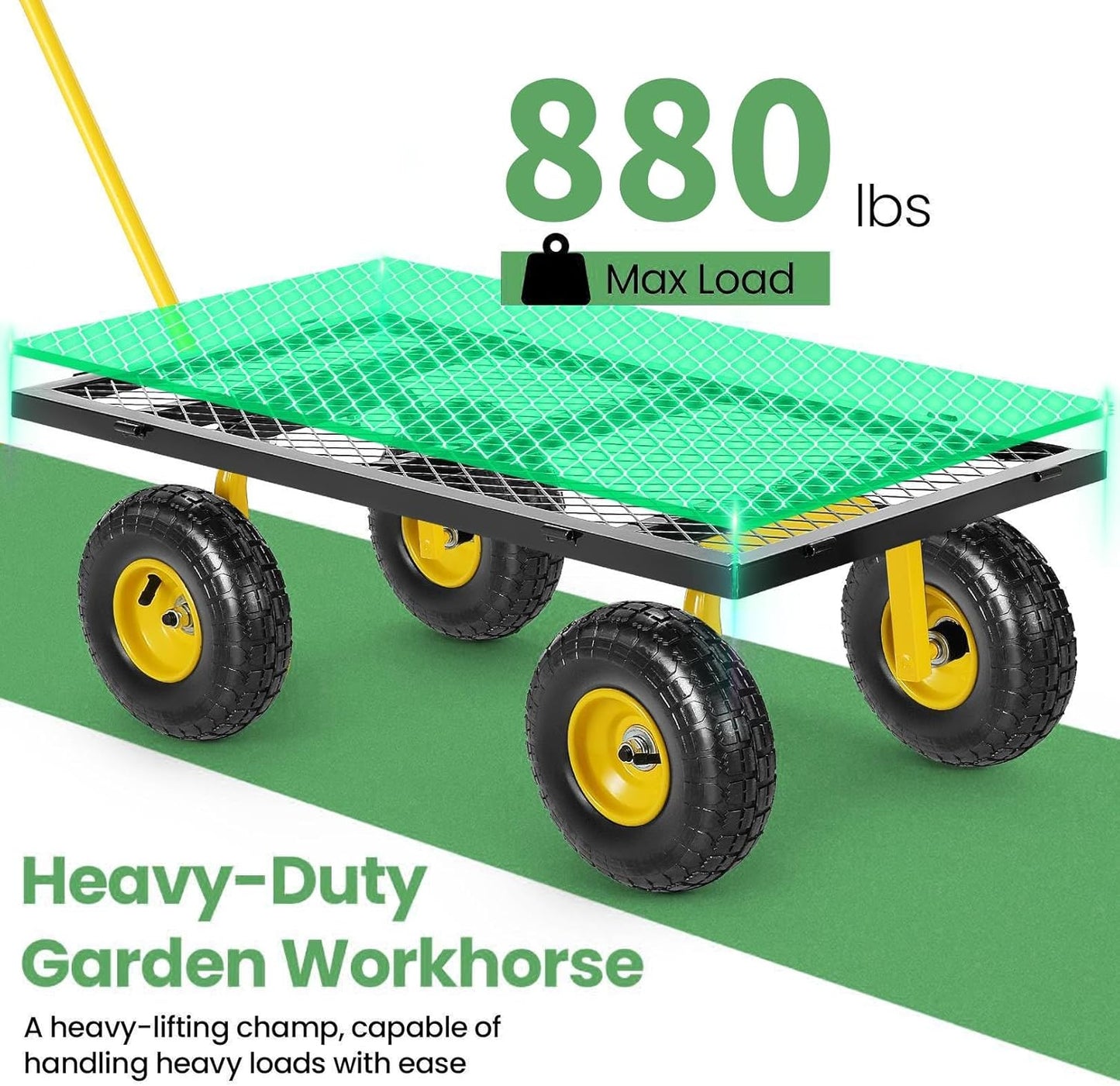 Homdox MAX 880 Lbs Garden Cart, Heavy Duty Foldable Mesh Steel Garden Wagon with 180° Rotating Handle and 10 Inch Tires, Pullable Yard Cart for Yard Garden Beach Farm, Yellow with Bag