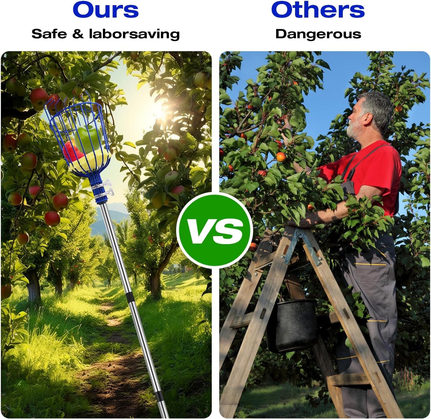 Fruit Picker Tool with Basket & Foam Pad, 35-72 Inch Adjustable Stainless Steel Picking Pole - for Harvesting Lemon Avocado Apple Mango Pear Orange & Tall Tree Fruits