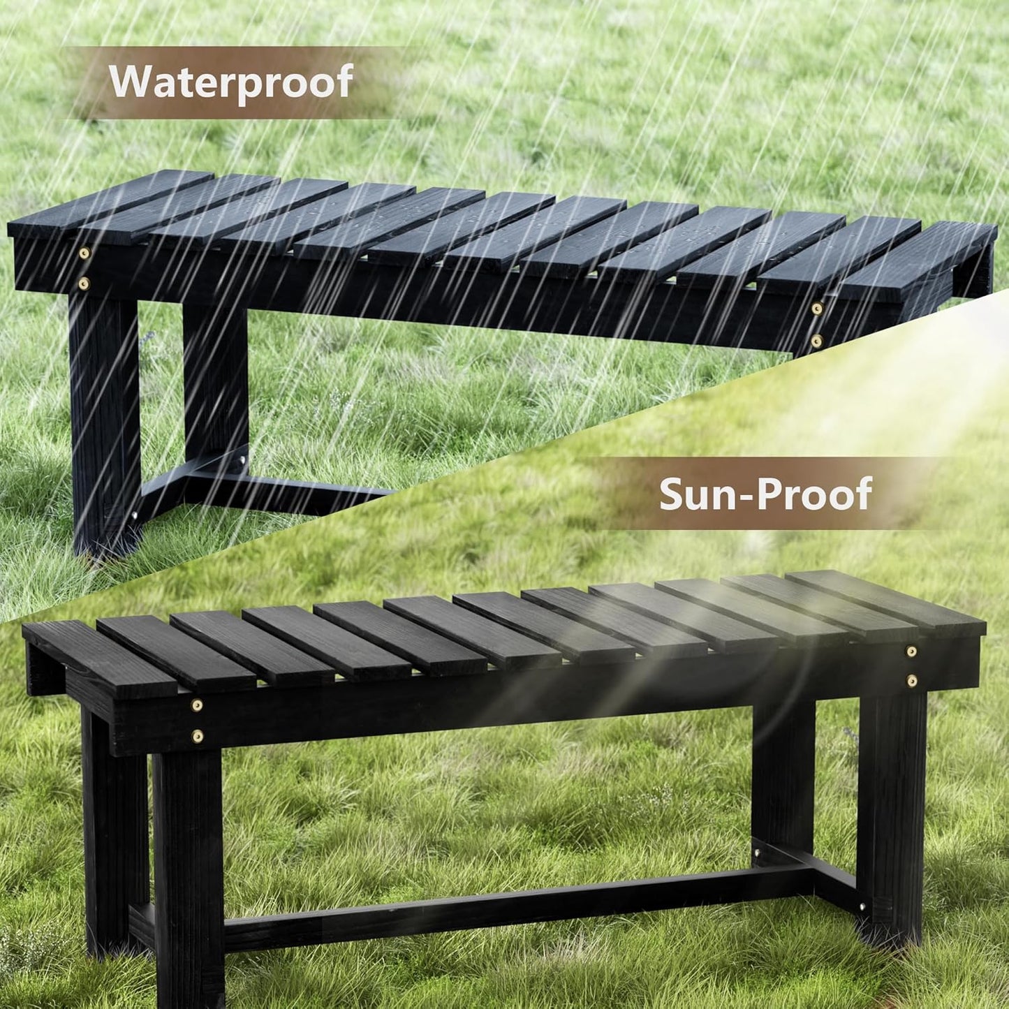 Nidouillet 35.5" Outdoor Garden Bench, Weatherproof Patio Benches 2-Person Seat Backless Wooden Porch Bench, Multifunctional Slat All Weather Bench for Garden Lawn Front Porch Park Backyard (Black)