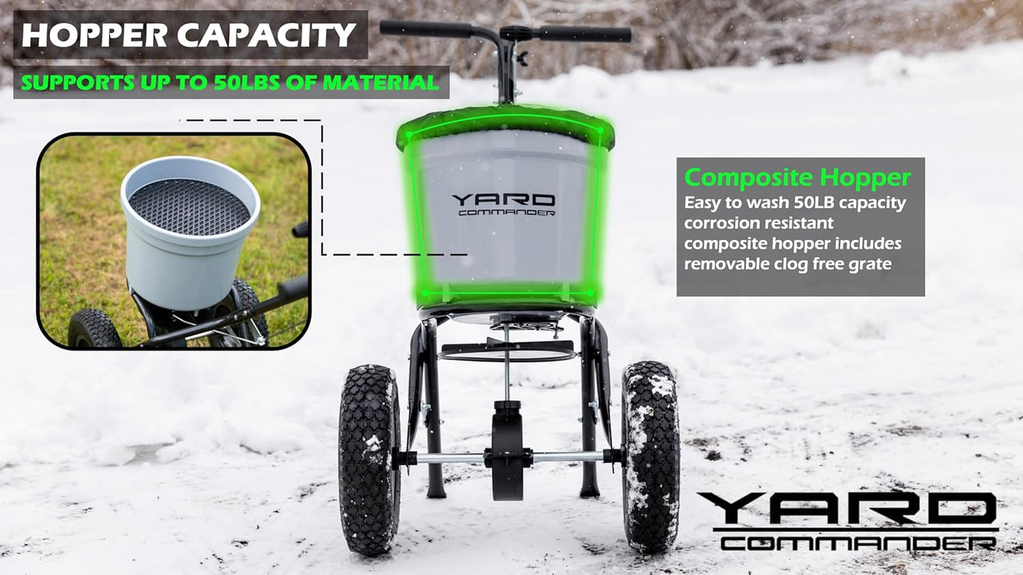 Yard Commander - Commercial 50 LB Walk-Behind Push Broadcast Spreader - 10-12 Foot Spread - Fertilizer, Salt & Grass Seed - Clog Free Design - Fully Enclosed Gear Box - Adjustable Drop Rate