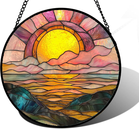 Stained Glass Window Hanging, Sunrise Over The Sea Suncatcher Diamond Glass Panel Hangings Abstract Sun Catchers Decor for Birthday for Women, Men, Wife, Aunt, and Mom 6.3 in