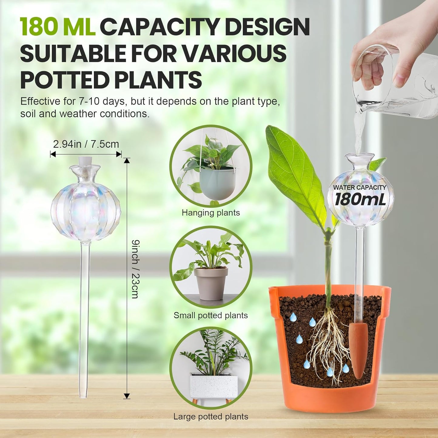 Meonum 4 Pcs Plant Watering Globes, Rainbow Glass Self Water Bulbs with Non Clogging Terracotta Spikes, Automatic Watering Globes for Indoor Outdoor Plants, Vacation Planting Water Devices