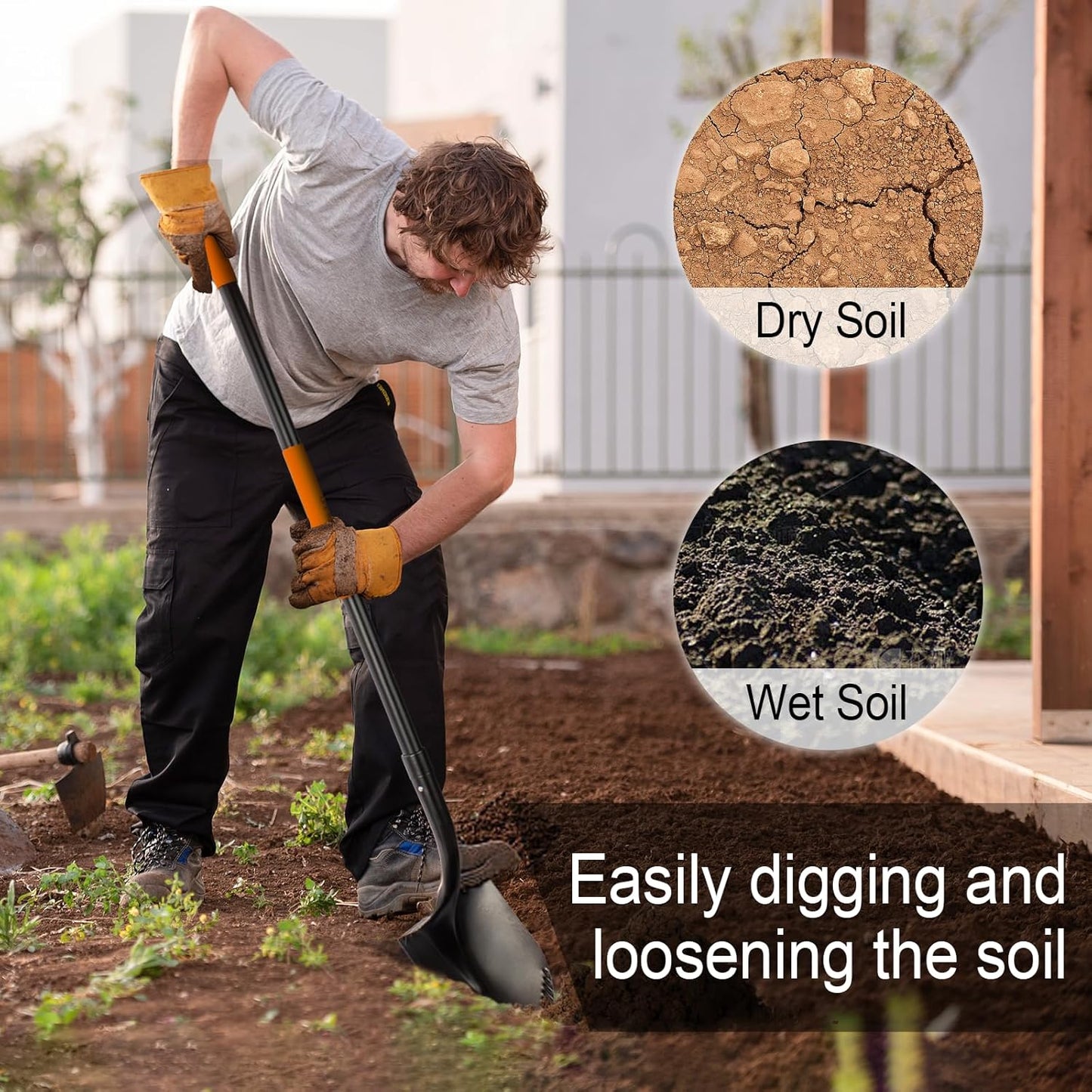 Shovel for Digging, Metal Shovel with Long Fiberglass Handle, Heavy Duty Shovel for Digging, 58 Inches