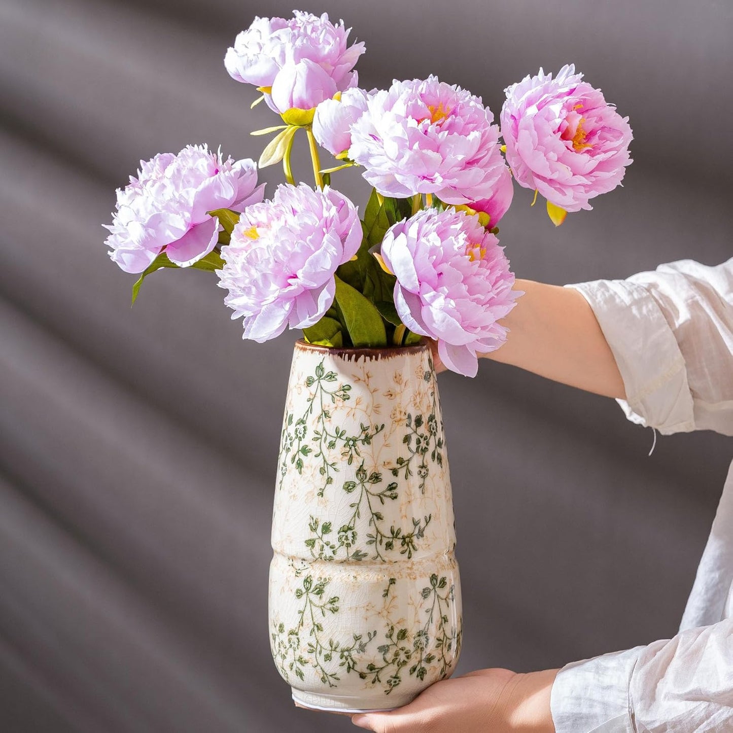 Vintage Green and Beige Vase, Large Round Ceramic Floral Vases, Retro Ice Cracked Chinoiserie Vase for Home Decor, Living Room, Bookshelf, Office, Bedroom and Shelf, Rustic Table Centerpiece 10 Inch