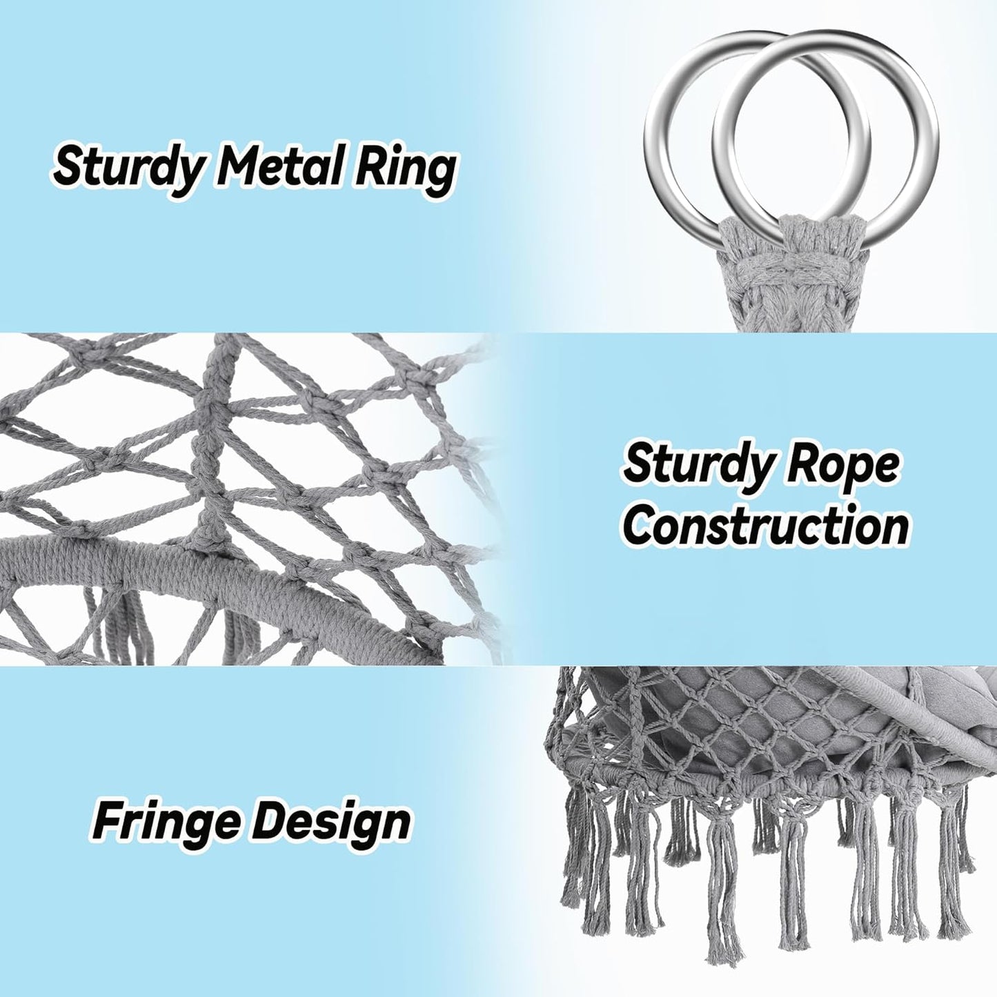 Macrame Hammock Hanging Swinging Chair with Oversized Cushion, Perfect for Bedroom, Porch, Kids, Adults, Balcony, Grey