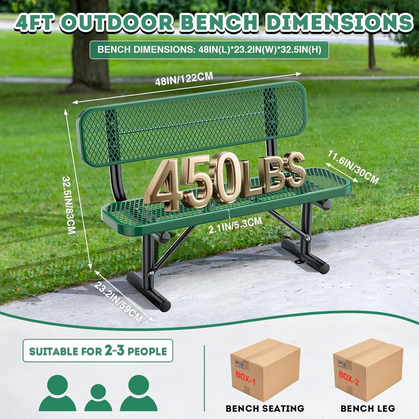 Outdoor Garden Bench, Cast Iron Metal Frame Patio Park Bench with Backrest, Portable Expanded Metal Black Bench, Commercial-Grade Outdoor Seating for Lawn, Patio, Park, Yard, Garden (Green, 4FT/48'')