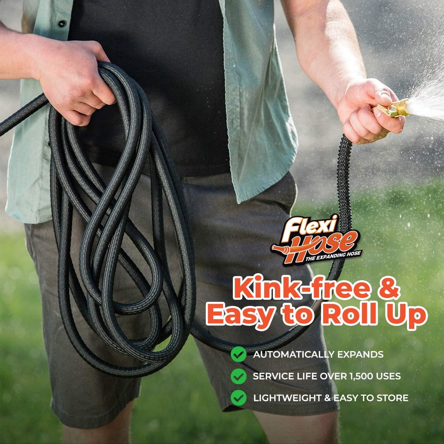 Flexi Hose Lightweight Expandable Garden Hose, No-Kink Flexibility, 3/4 Inch Solid Brass Fittings and Double Latex Core (100 FT, Black)