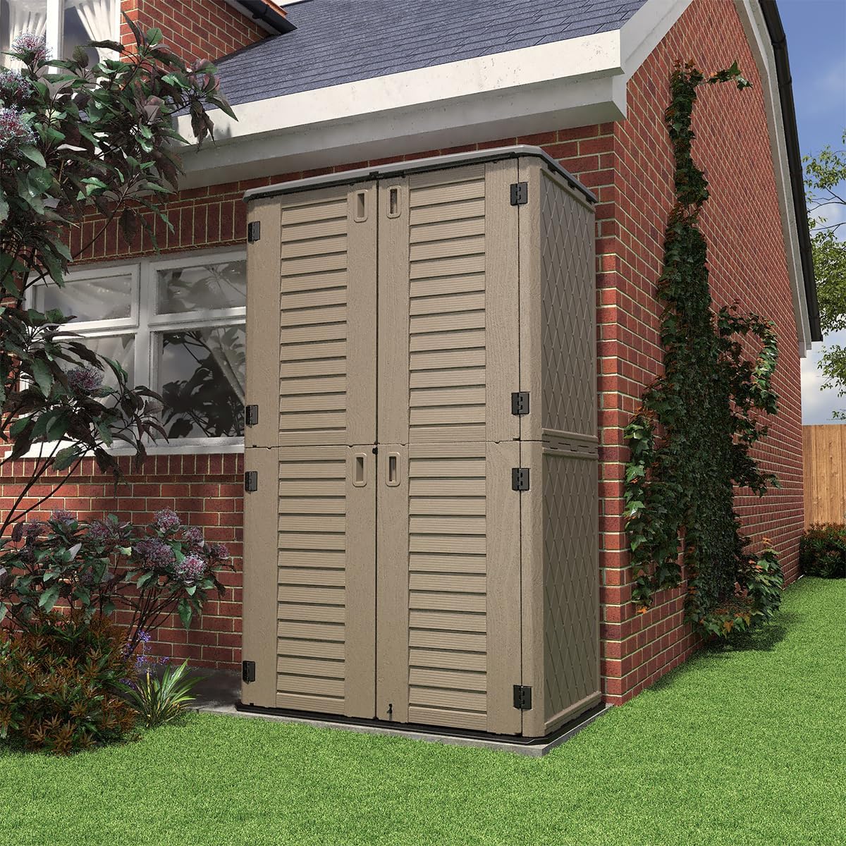 KINYING Sheds & Outdoor Storage, 66 cu.ft Vertical Outdoor Storage Cabinet, Resin Storage Sheds Outdoor with Floor for Garden Tools,Patio Furniture,Garbage Cans(Brown Color)