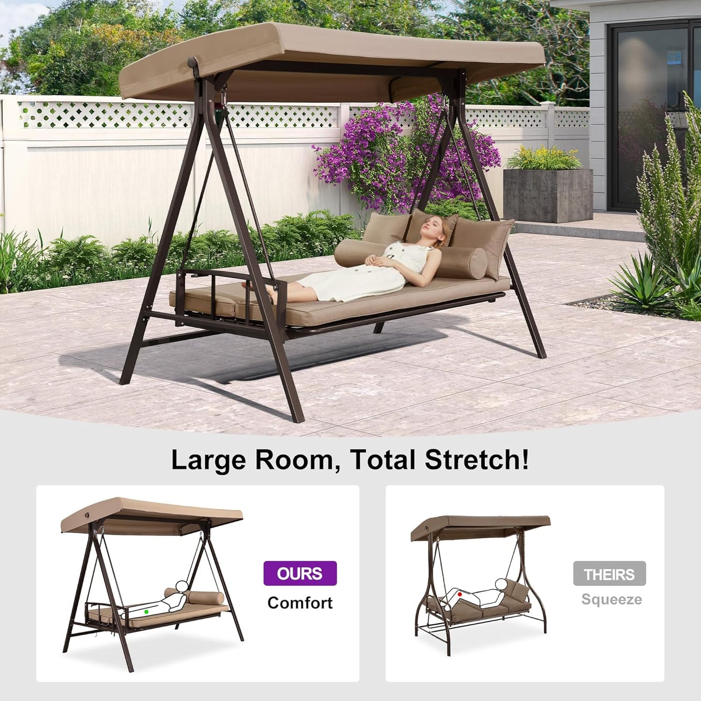 PURPLE LEAF Outdoor Patio Porch Swing Adjustable Backrest, 3-seat Swing Chair with Weather Resistant Steel Frame for Backyard Front Porch Lawn, Cushion and Pillows Included, Beige