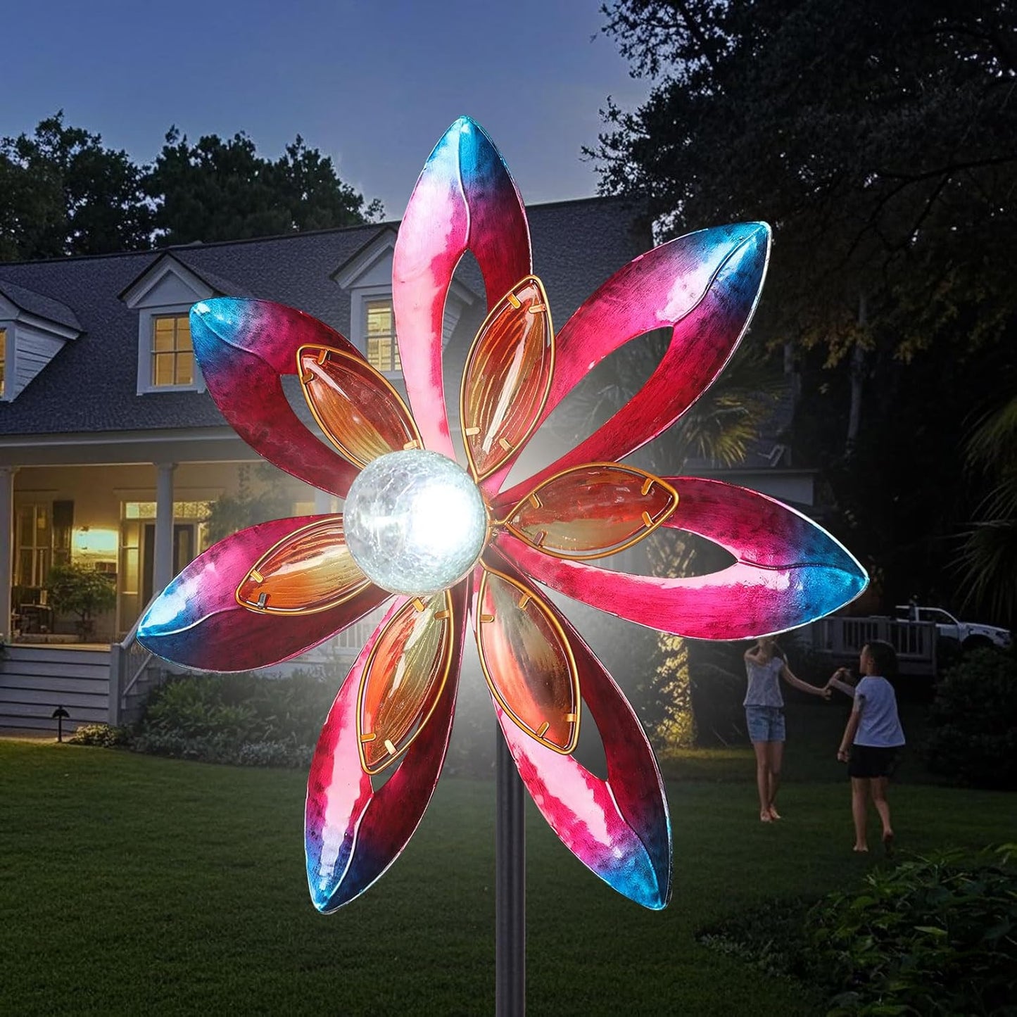 WONDER GARDEN Wind Spinners for Yard and Garden-Solar Wind Spinner - 5.2 FT Wind Sculptures & Spinners Windmill with LED Light Glass Ball for Garden Patio Outdoor Decor