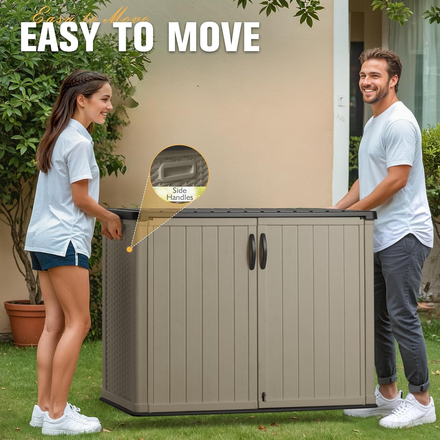 Greesum Outdoor Horizontal Storage Sheds 27 Cu.ft Resin Large Storaged Box Weather Resistance, Without Shelf, Easy to Assemble, Prefect for Garden, Patios, Backyards, Beige