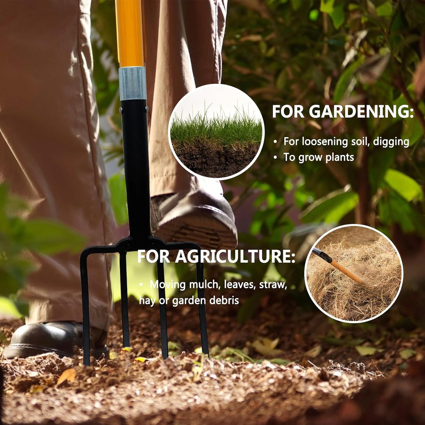 Garden Fork, 4-Tines Pitchforks,45-Inch Pitchfork for Gardening,Fiberglass Digging Fork Pole, D-Handle