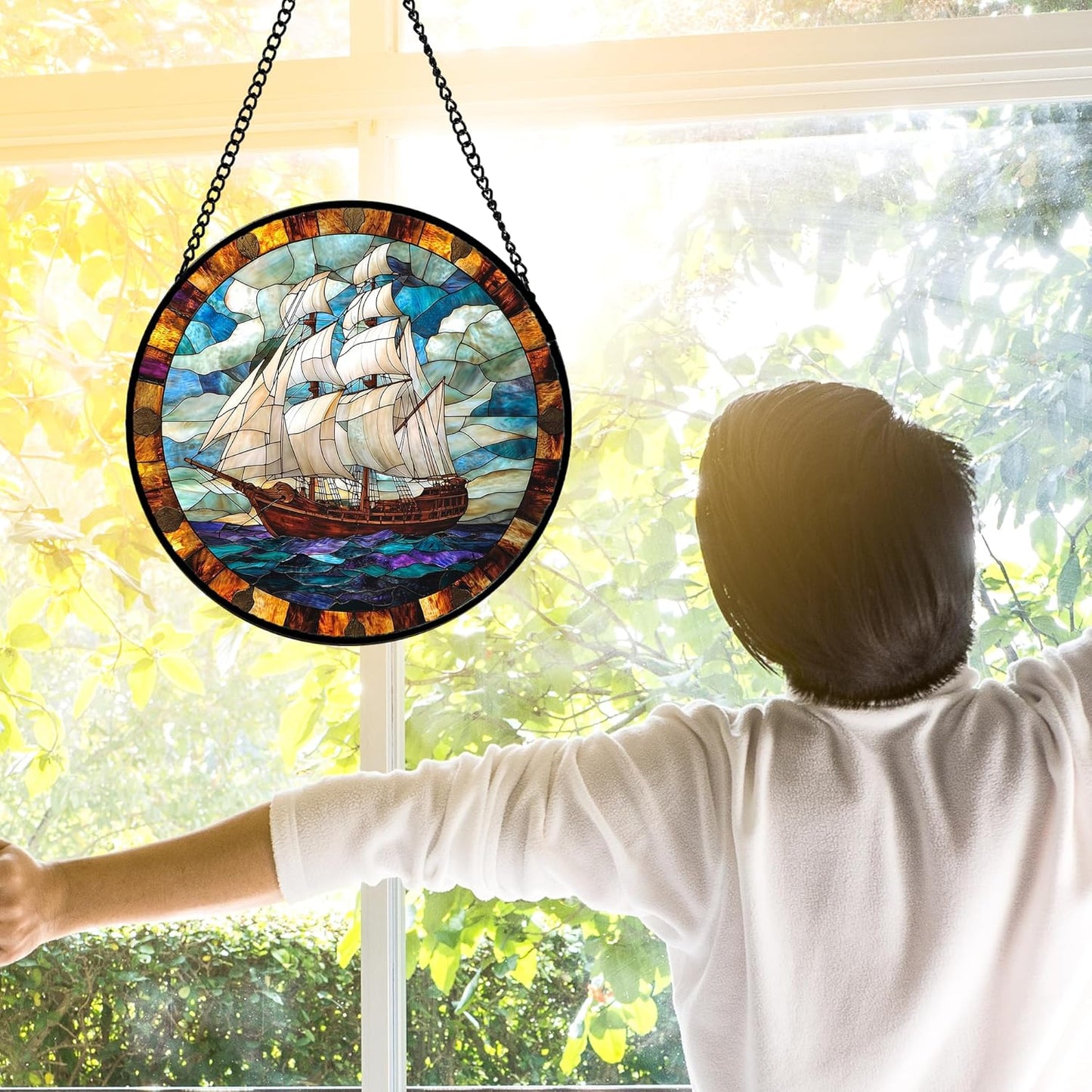 Stained Glass Window Hanging, Sailing Ocean Sun Catchers Glass Panel Navigation Suncatcher Decor for Birthday for Women, Men, Wife, Aunt, and Mom 7.8 in