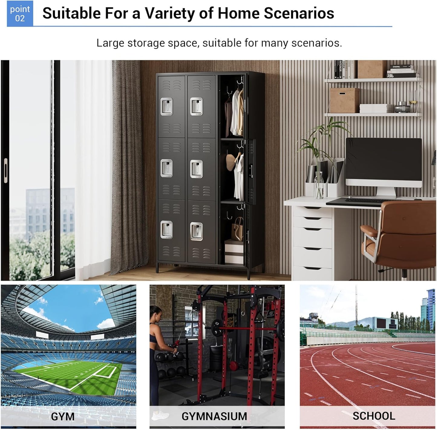 72" Metal Lockers for Employees with 9 Door, Black Metal Storage Cabinet with 27 Hooks, Industrial Locker, Assembly Required, for Gym, School, Classroom, Home, Office, Industrial