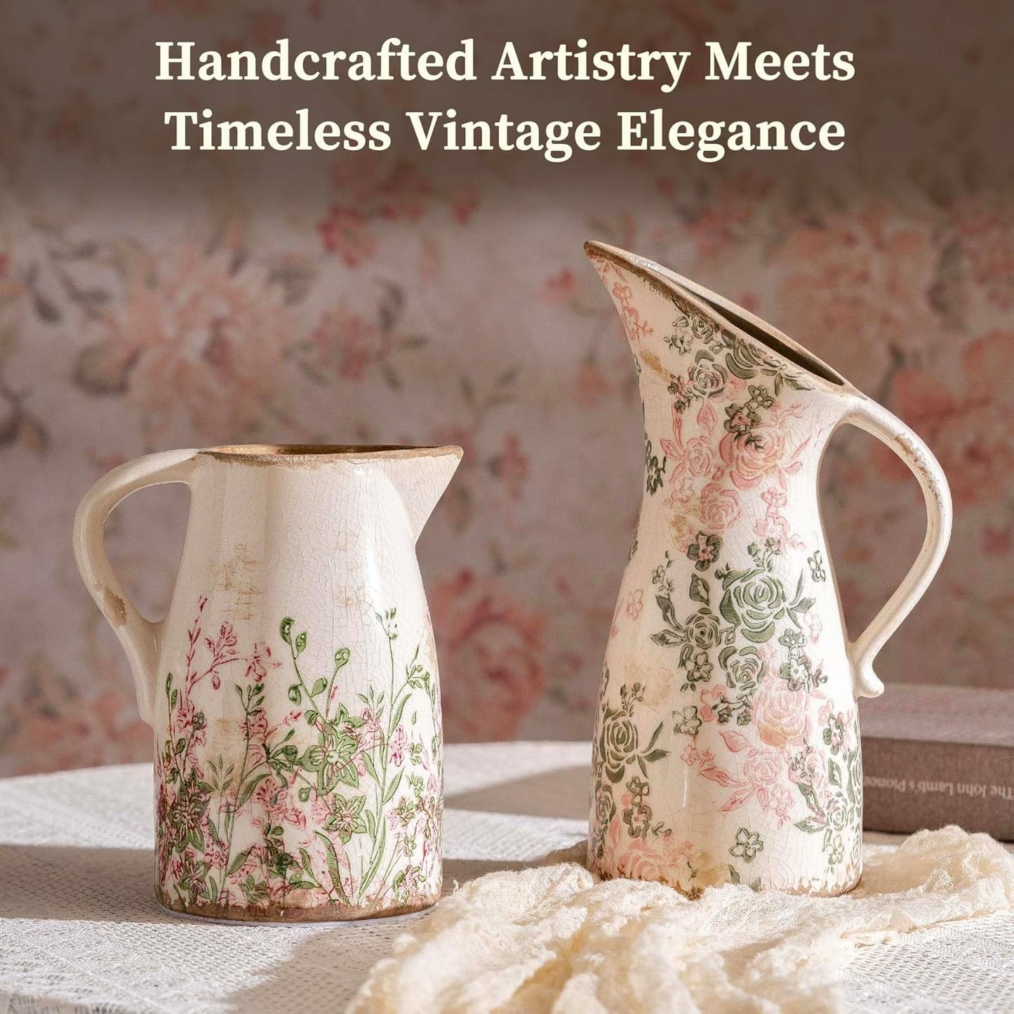 Vintage Ceramic Pitcher Vase with Handle, Farmhouse Green and Pink Large Floral Vases, Chinoiserie Decorative Vase, Rustic Table Centerpiece for Home Decor Living Room, Bookshelf, Office 10.5 Inch