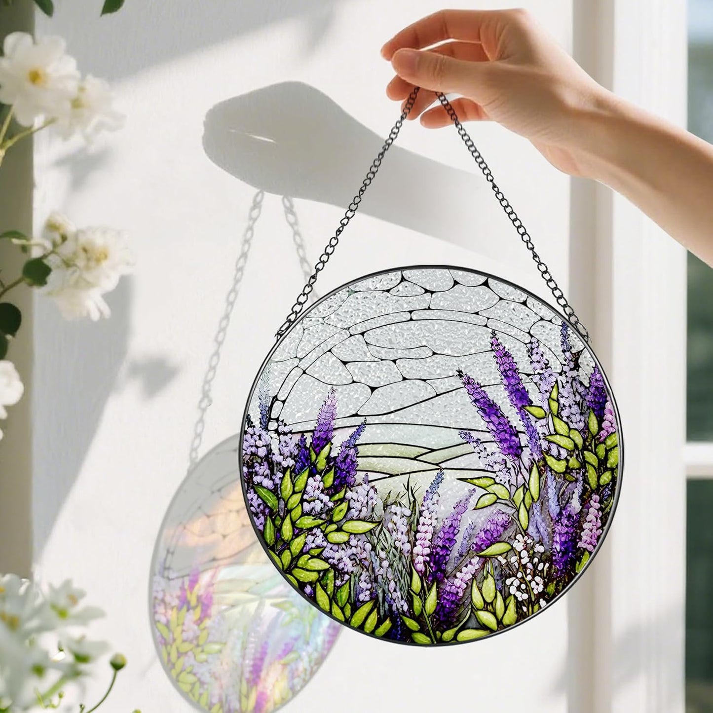 Lavender Flower Stained Glass Suncatcher, Stained Glass Window Hanging, 8 Inch Green Plants Suncatcher Decor for Birthday for Women, Wife, Lovers, Mom, Grandma, Gift Idea
