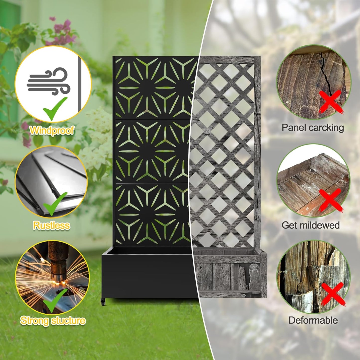 FENCY Metal Raised Garden Bed with Wheels and Trellis,73"x47"x16" Planter Box for Climbing Plants, Vegetables & Vines, Features Privacy Screen and Drainage Holes (Black-Star)