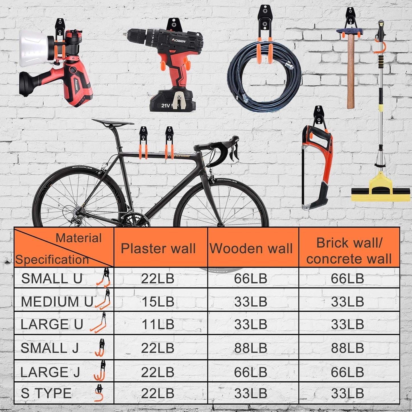 AOBEN Garage Hooks Heavy Duty, Steel Garage Storage Hooks, Utility Tool Hangers and Combinable Wall Mount Garage Hooks for Organizing Ladders, Bikes, Hoses, and More Equipment (Small J, 4 Pack)