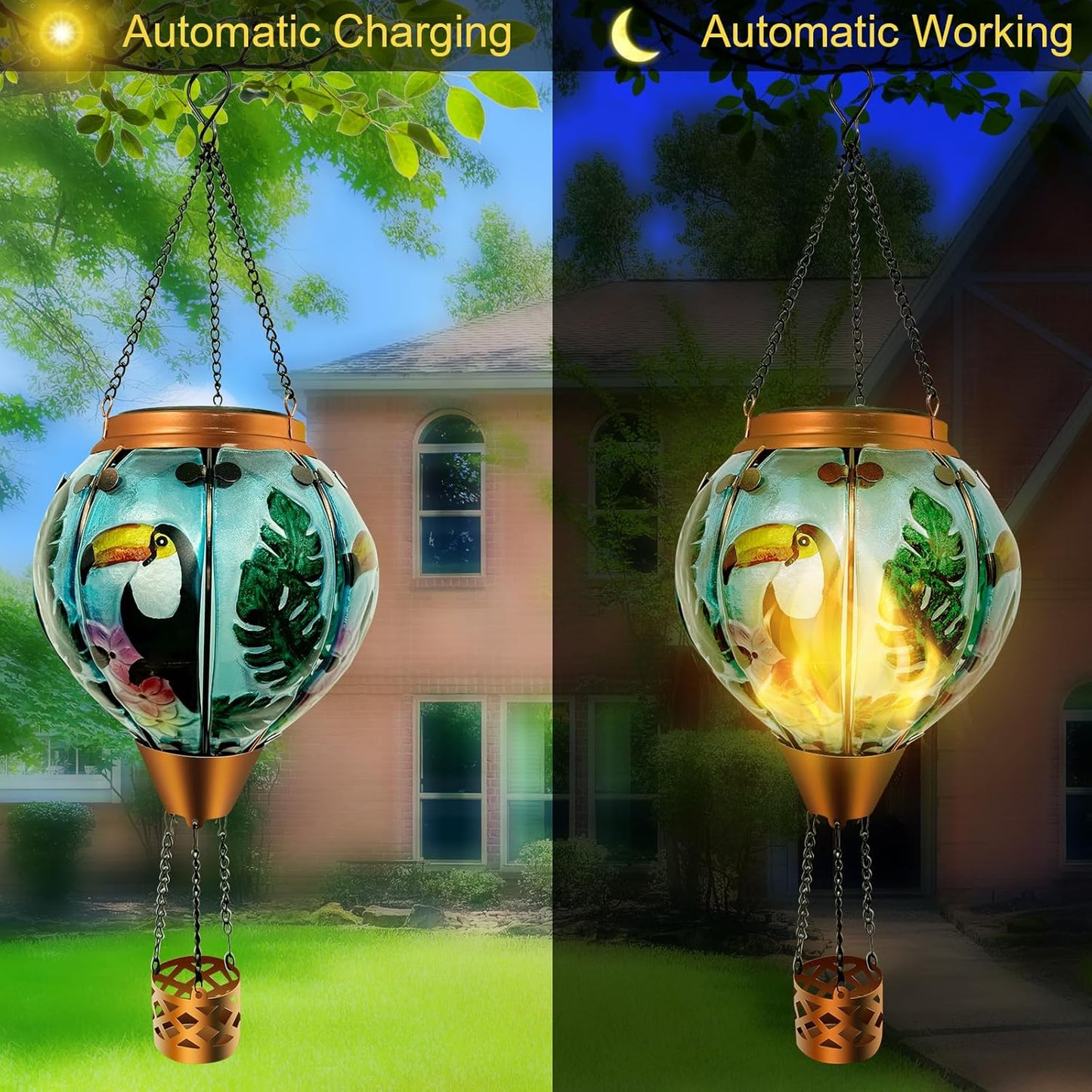 Hot Air Balloon Solar Light Waterproof Pendant Light with Flickering Flame for Garden Patio and Patio Decoration