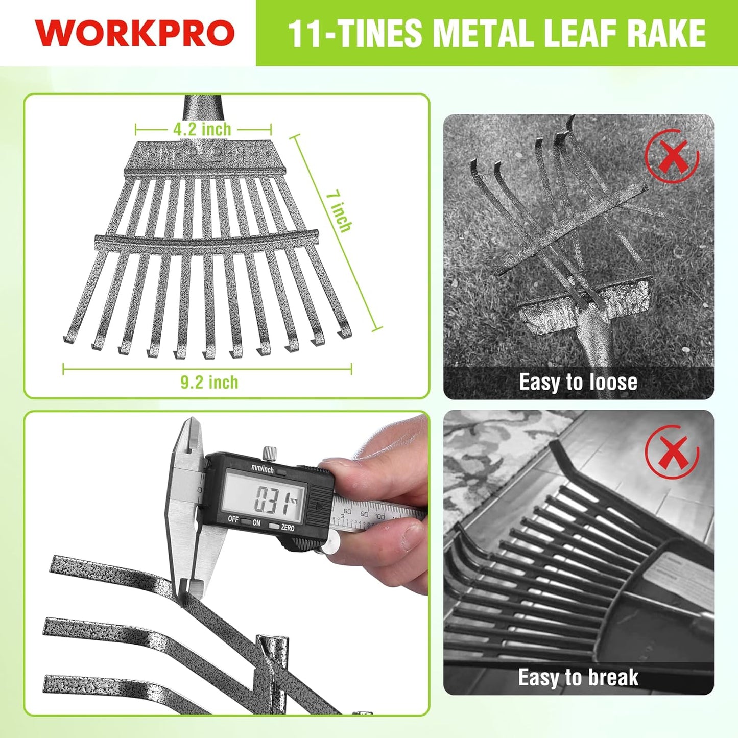 WORKPRO Rake, Small Rake for Leaves with 72” Adjustable Long Handle, 11 Steel Tines, Heavy Duty Metal Leaf Rakes for Garden, Lawn, Yard, Shrub, Flower Bed, Narrow Rakes 9" Wide Head for Tight Spaces