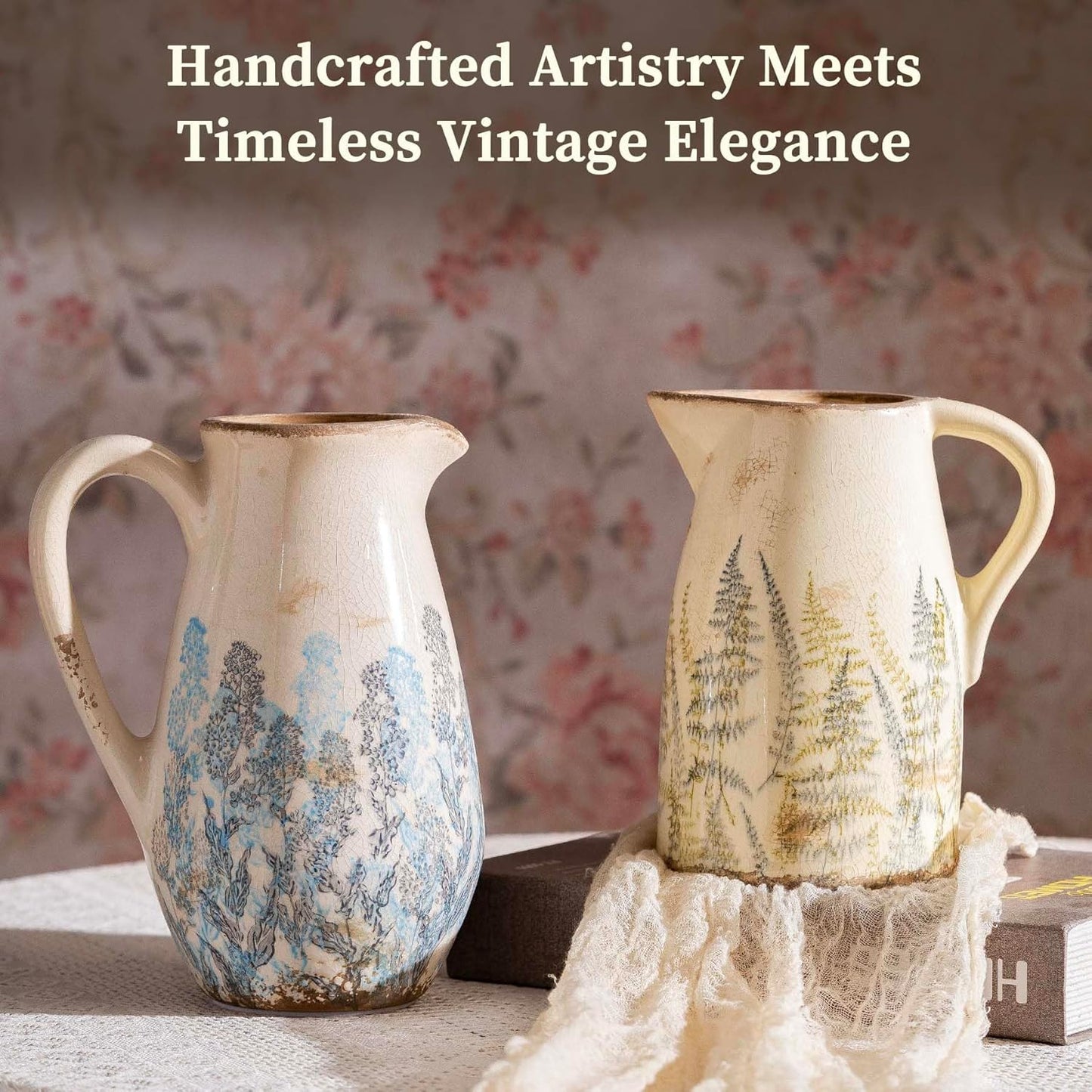 Vintage Ceramic Pitcher Vase with Handle, Farmhouse Green and Purple Large Floral Vases, French Country Decorative Vase, Rustic Table Centerpiece for Home Decor, Bookshelf, Office 7.3 Inch