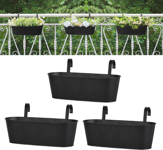 Mkono Metal Railing Planter Box 15.7 Inches 3 Pack Balcony Hanging Planter for Outdoor Plants with Detachable Hooks and Drain Holes Fence Planters for Any Balcony, Porch or Deck (3, Medium)