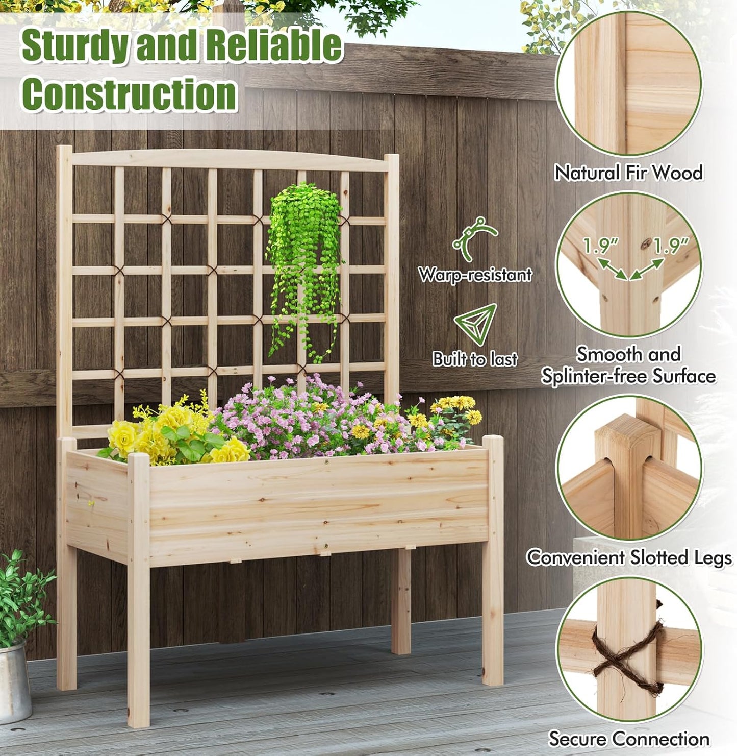 HAPPYGRILL Raised Garden Bed with Lattice Trellis, 4 Drainage Holes, Wooden Elevated Planter Box with Legs for Climbing Vine, Hanging Small Flower Baskets, Outdoor Gardening Planter for Patio Balcony