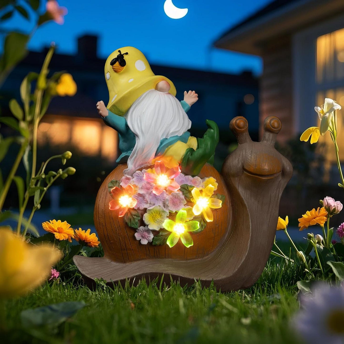 Solar Garden Outdoor Statue Snail Gnome with Succulent and LED Light - Patio,Lawn,Garden,Tortoise Statue for Patio,Unique Housewarming Gifts