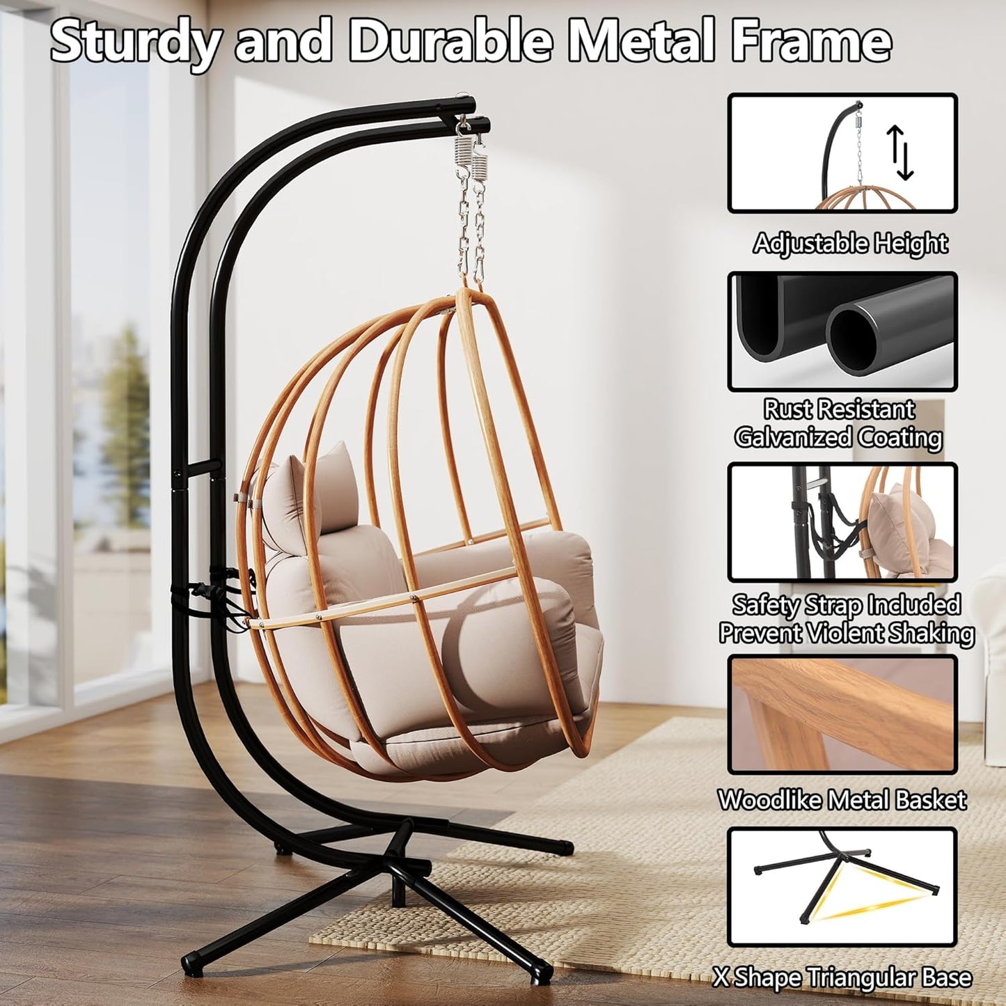 Double Egg Chair Outdoor, Egg Swing Chair with Stand, Hanging Egg Chair Outdoor with Cushions/Headrest, 80" H Hanging Chairs with Stand Indoor, Metal Basket Swing Egg Chairs for Deck, Khaki