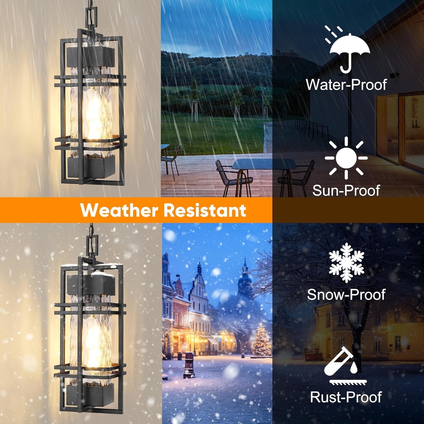 Large Outdoor Pendant Light Fixture, Modern Hanging Lantern Ceiling Mount, Anit-Rust Waterproof Chandelier Lighting Exterior with Stone Bubble Glass for Porch, Garage, Gazebo, Patio