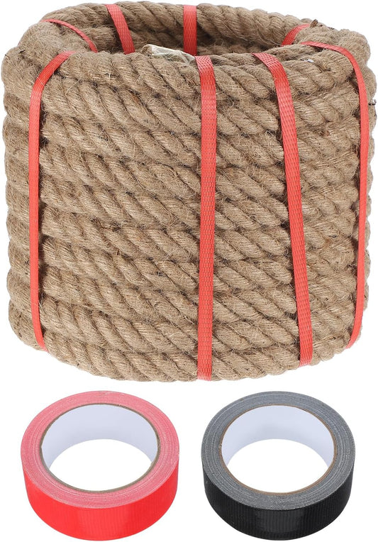 MECCANIXITY Jute Rope 1 Inch x 59ft, Thick Twine Rope Ropes Braided Jute Twine Natural Brown Burlap Cord String Heavy Twisted with Tapes for Decorative Crafts Railing Swing Tug of War