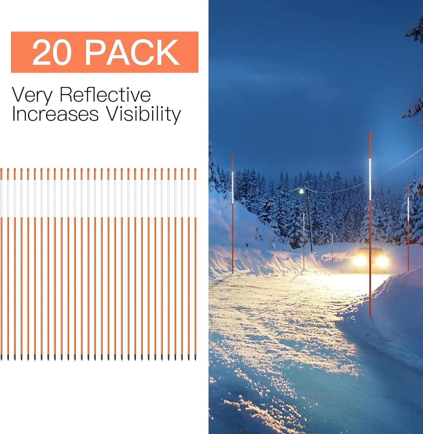 Driveway Markers 48 inch 20pcs, 5/16” Dia 4FT Snow Stakes with Reflective Tape, Highly Visible for Parking, Walkways, Snow Markers, 4FT Orange Fiberglass Poles Reflectors Markers with Steel Drill Bit