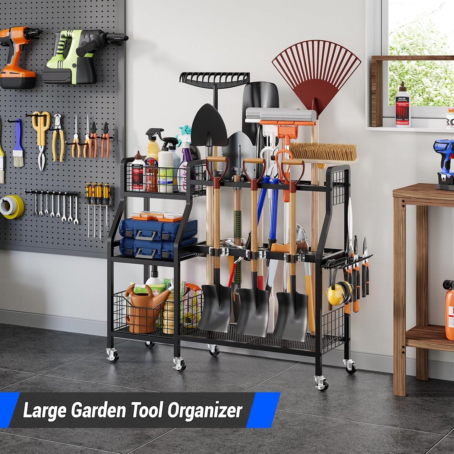 keomaisyto Garden Tool Organizer with 6 Wheels(3 lockable), Heavy Duty Yard Tool organizer with 2 Basket, Large Metal Garage Tool Organization and Storage for Garage/Shed/Yard/Broom Closet/Lawn