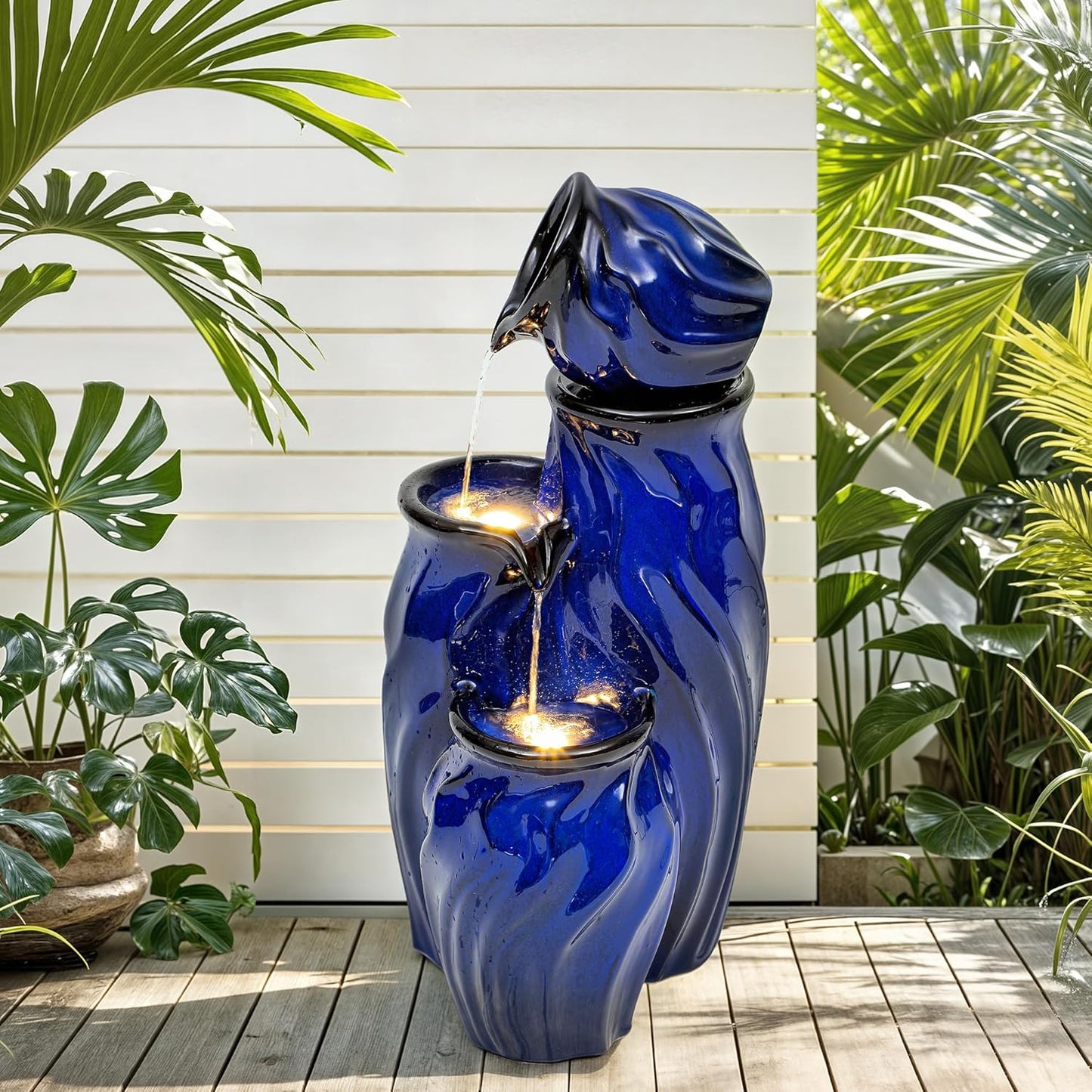 29" Tall Ceramic Water Fountain Outdoor with LED Lights, 4-Tier Cascading Waterfall Garden Fountain, Ideal for Serene Relaxing Patio, Yard or Porch, Cobalt Blue Glaze, Dynamic Wave-Texture
