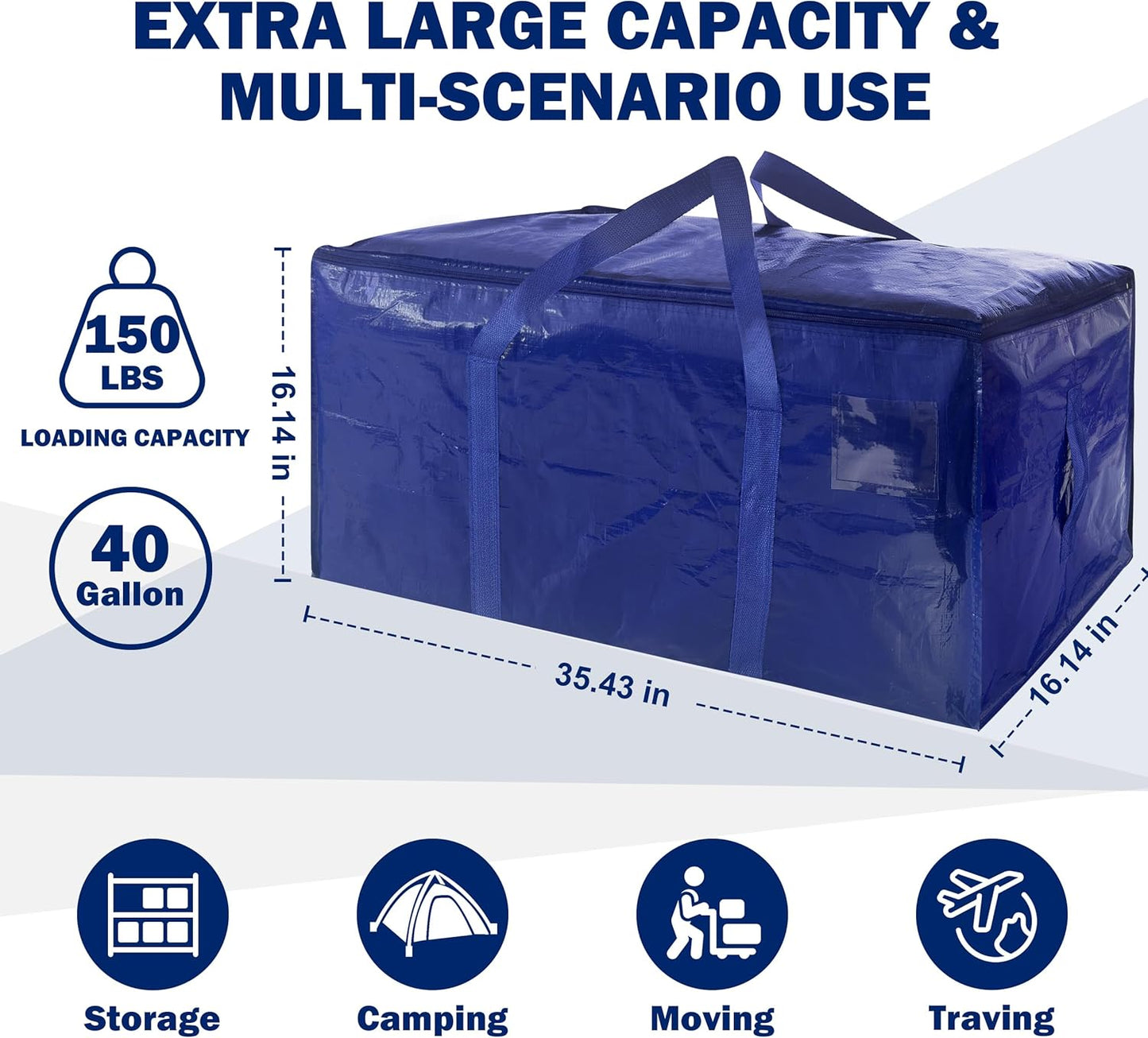 16 Pack Extra Heavy Duty Large Moving Bags with Strong Zipper & Carrying Handles, Sturdy Clothes Storage Bags Totes Bins, Packing Moving Boxes College Supplies, Dark Blue - 40 gal