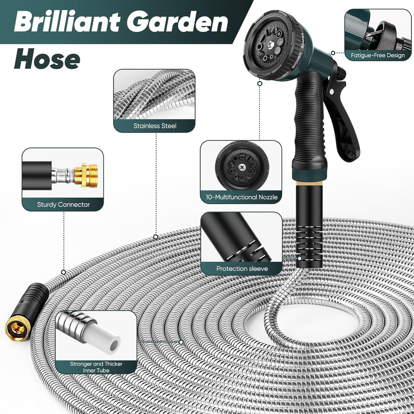Garden Hose 100 FT with 10-Function Nozzle, Leak-proof Metal Connector Water Hose, No Knots, Kink-Free, Lighter, Anti-Pets, Wear-Resistant, 3/4 GHT, Metal Hose for Garden, Yard, Outdoor