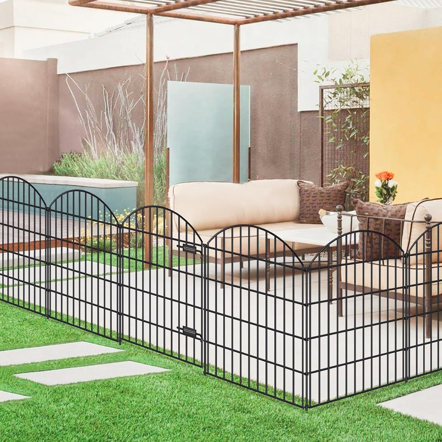 Metal Garden Fence with Gate 36in (H) x 18.7ft (L), 1 Gate+7 Panels Dog Fence Border Fence Animal Barrier, No Dig Garden Fencing for Yard Flower Bed Lawn Patio Outdoor,ECG3508,Black