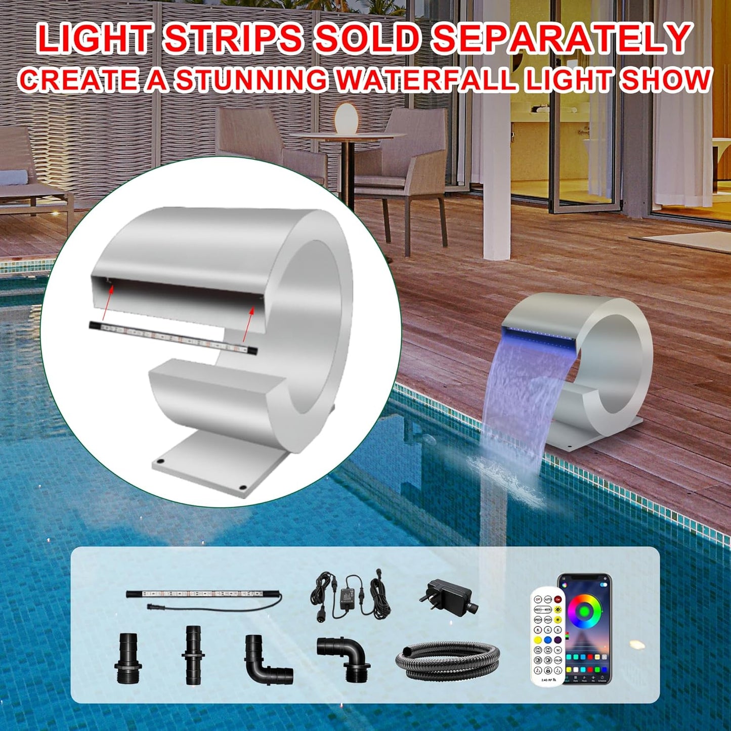 Pool Waterfall Fountain Stainless Steel Fountain 15.16'' x 15.16'' x 11.42'' Silver Pool Fountains for Ground Pools Garden Outdoor Waterfalls Sheer Descent Pond Water Feature