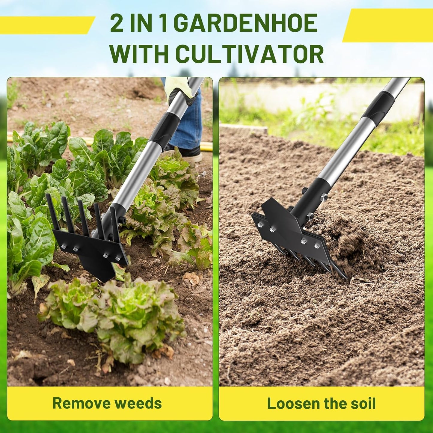 2-in-1 Heavy-Duty Weed Puller Tool with 5-Tine Rake – 30" to 60" Adjustable Handle, Hoes for Gardening, Hoe Garden Tools for Loosening Soil, Planting, Weeding