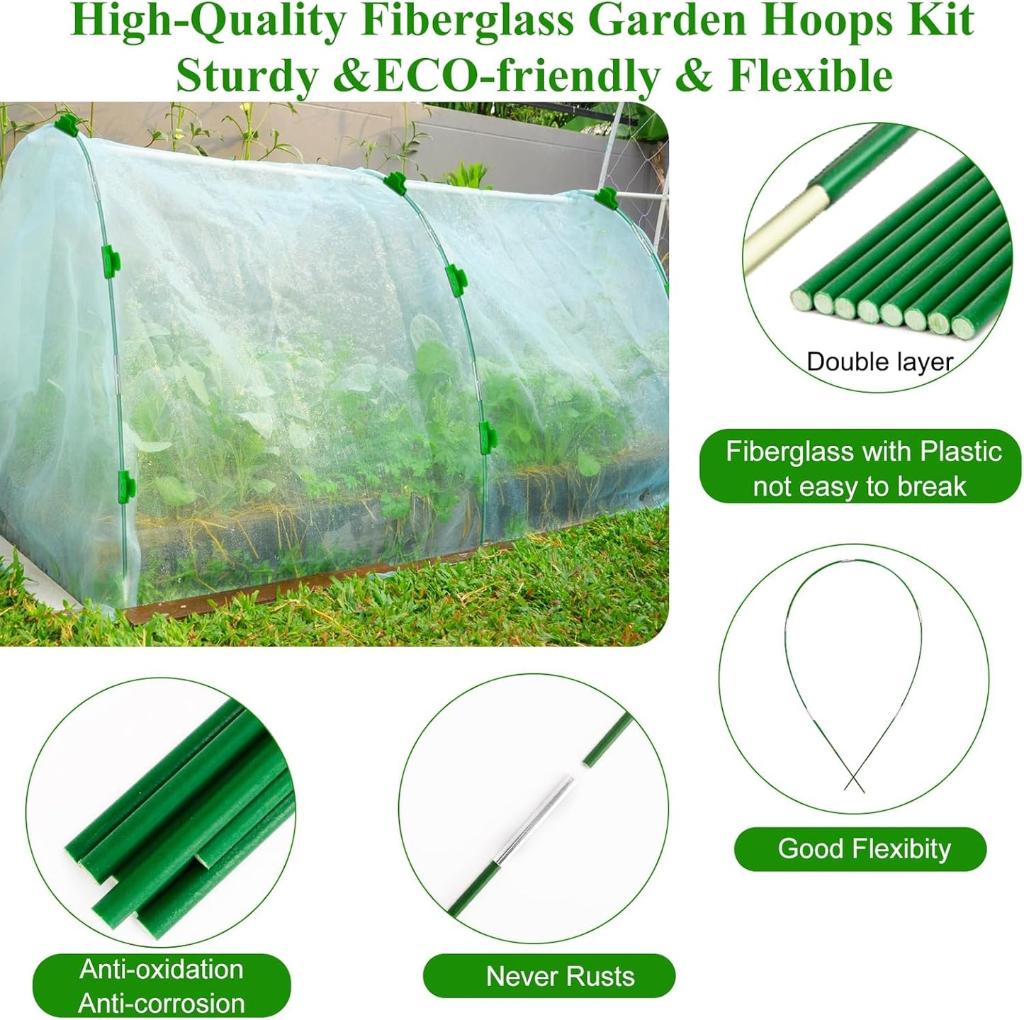 Greenhouse Hoops Grow Tunnel 6 Sets of 8FT Long Garden Hoops, Rust-Free Fiberglass Garden Hoops Frame for Garden Netting Raised Bed Plant Shade Cloth Row Cover, DIY Plant Support Garden Stakes- 36pcs