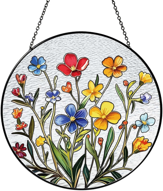 Flowers Sun Catcher Stained Glass Window Hanging Flower Decor Gifts for Women Wall Decor Handmade Sun Catcher Botanical Decoration for Home Garden Housewarming Gifts