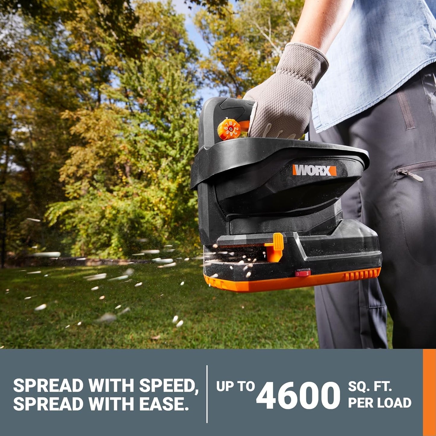 WORX 20V Cordless Seed Spreader 6-Speeds 5-Ft. Max Distance, Fertilizer Spreaders 8 Flow-Rate Settings, Broadcast Spreader Easier Than Hand Spreaders for Lawns WG869.9 – Tool Only