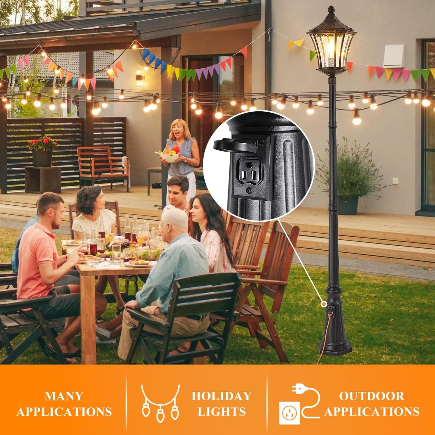 Outdoor Lamp Post Lights with Outlet, Dusk to Dawn Pole Lamp with Patterned Glass, Aluminum Waterproof Outside Street Lights, Hardwired Black Light Pole for Backyard, Garden, Driveway