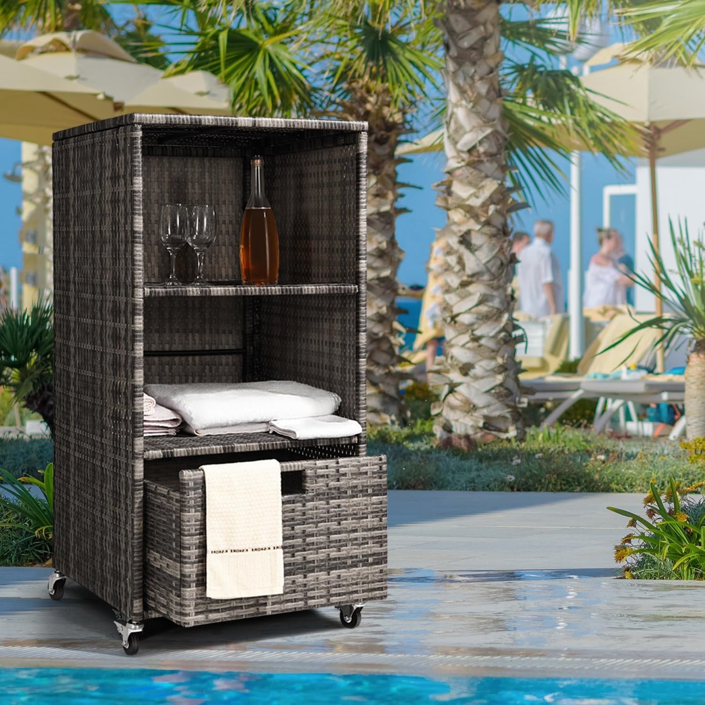 Outdoor Towel Rack for Pool Outdoor Pool Towel Storage Cabinet with Shelf & Drawer Pool Towel Holder with Rolling Wheels Hot Tub Towel Rack w/Waterproof Cover Poolside Towel Valet Caddy for Spa Grey